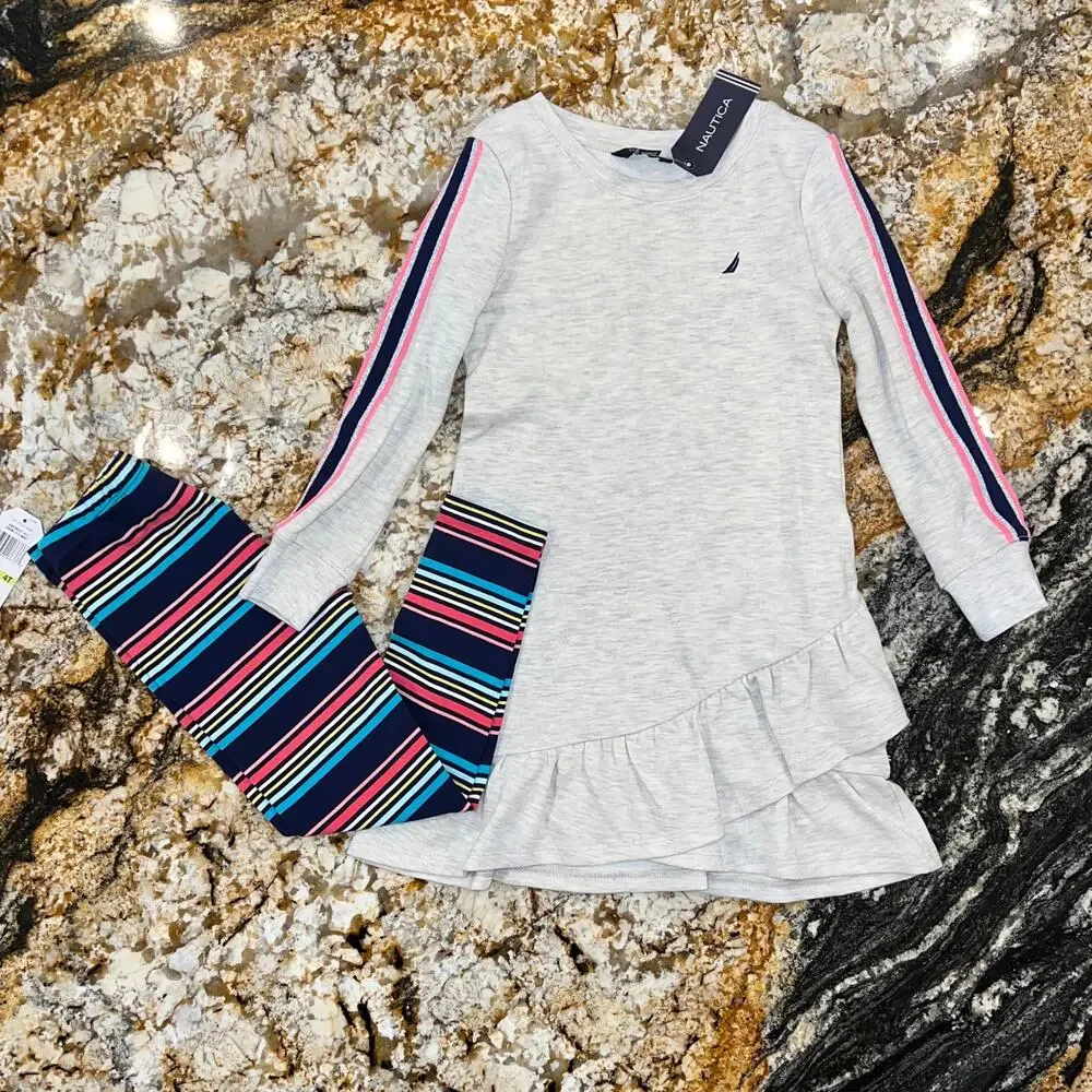 NWT Nautica Girls' Grey Ruffle Logo Dress (SZ 4) & Navy Stripe Leggings (SZ 4T)